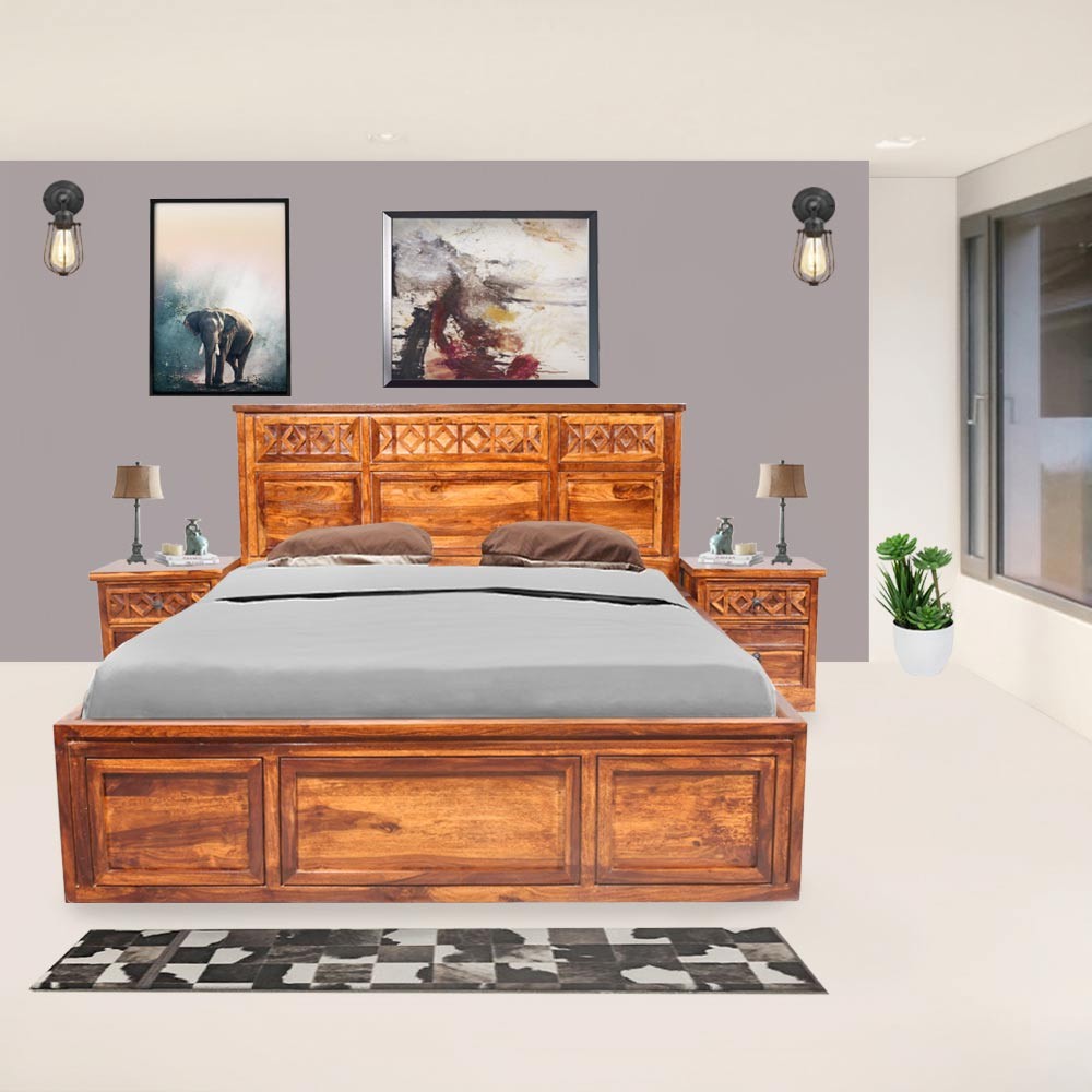 Shop Solid Wood Sheesham Swirl King Size Bed With Top Opening Box At English
