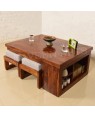 Solid Wooden Coffee Table Set with Side Storage and Four Stools 