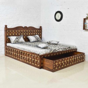 Solid Wood Brass Bed with Front Trolley