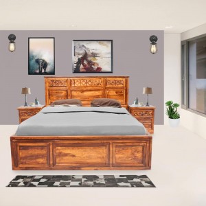 Solid Wood Sheesham Swirl King Size Bed With Top Opening Box