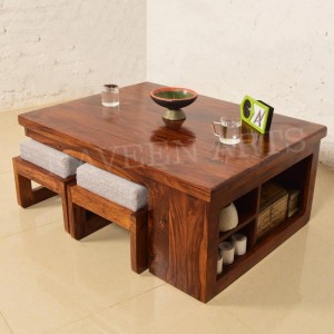Solid Wooden Coffee Table Set with Side Storage and Four Stools 